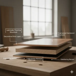 Diagram showing the fiberboard core and photographic design layer of laminate flooring.