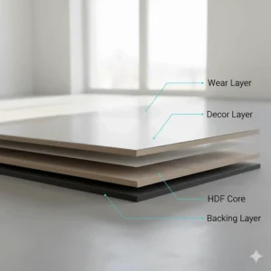 Diagram detailing the four layers of laminate flooring: wear layer, decor layer, HDF core, and backing layer.