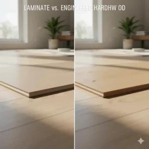 Side-by-side visual comparison of laminate flooring vs engineered hardwood, showcasing their different finishes and construction.