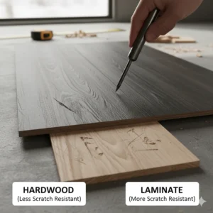 Close-up of a high-traffic laminate floor demonstrating superior scratch resistance compared to hardwood.