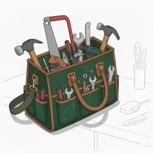 A large, open-top canvas tool bag or tote, designed to hold a significant amount of tools and equipment.