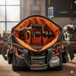 A close-up view of the spacious main compartment of the large tool bag, showing its deep and wide storage area.