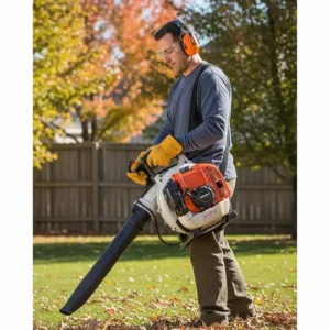 Essential safety equipment for operating a 2-stroke leaf blower, including ear protection, gloves, and safety glasses.