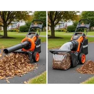 A side-by-side comparison of a rolling leaf blower's multi-functional capabilities, including its powerful vacuum and mulching feature for easy leaf disposal.