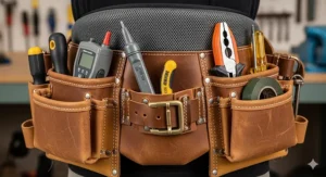 A close-up shot of a high-quality leather electrician tool belt, showcasing its durable stitching, multiple pockets for various tools, and a padded back support for comfort.