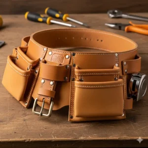 A high-quality photo of a new, well-crafted leather electrician tool belt, showcasing its reinforced stitching and robust construction.