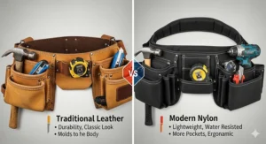A side-by-side comparison of a traditional leather framer's tool belt and a modern nylon version, highlighting their different materials and benefits.
