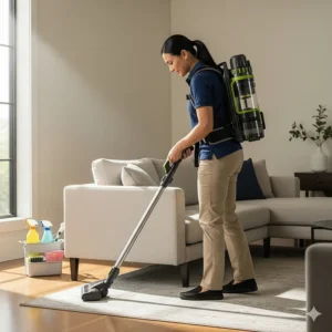 A lightweight, cordless backpack vacuum model being used by a professional cleaner in a residential setting. The image emphasizes its portability and convenience for quick clean-ups.