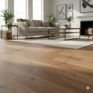Beautiful living room featuring the natural grain and texture of installed engineered hardwood flooring.