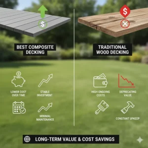 An infographic illustrating the long-term value and cost savings of the best composite decking compared to the high upkeep of wood.