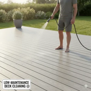 A homeowner easily spraying down their deck with a hose, illustrating how simple and low-maintenance cleaning the best composite decking is.