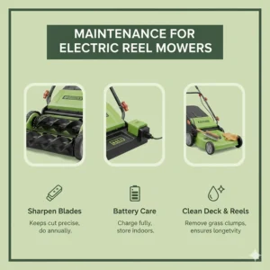 Simple steps for the basic maintenance of an electric reel mower, focusing on blade sharpening and battery care for longevity.