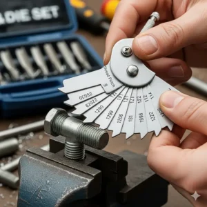 A close-up shot of a person using a thread pitch gauge to accurately measure the threads on a bolt, a critical step before using a tap and die set.