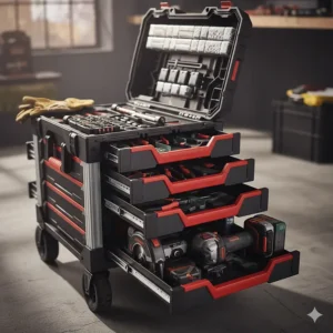 Close-up of a mobile toolbox with multiple drawers and dividers for easy tool organization.