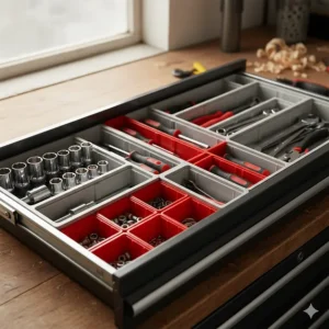 Close-up of a modular tool chest drawer organizer system. The image shows how different sized interlocking bins can be arranged and rearranged to fit specific tool layouts within a drawer.