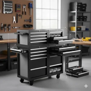 A diagram illustrating a modular tool box organizer system where drawers can be reconfigured or stacked for a custom setup.