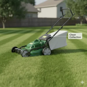 Side view of an electric reel mower cutting grass at an ideal height, showing the grass clippings being cleanly collected in the attached catcher.