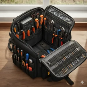 An overhead view showing the interior of an open tool pouch backpack, revealing various sizes of pockets and elastic loops for organizing different tools.