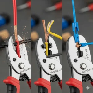 A multi-purpose electrical wire cutter shown cutting, stripping, and crimping different gauges of electrical wires.