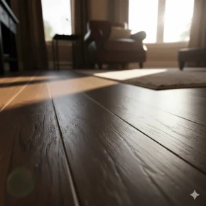A close-up shot of solid hardwood flooring, emphasizing the deep, unique natural grain and character that many prefer over the patterned appearance of laminate.