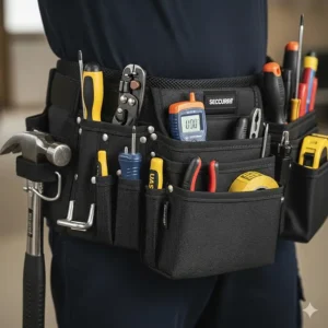 An image of a lightweight nylon or polyester electrician tool belt, highlighting its multiple pockets and practical design for comfortable all-day wear.