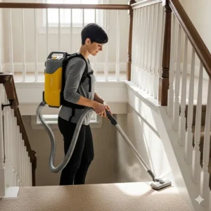 A detailed photo of a person effortlessly vacuuming a staircase using a compact backpack vacuum. The user is able to easily maneuver and reach difficult areas, showing the vacuum's versatility.