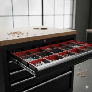 An illustration of a standard plastic tray organizer. The image displays the different compartments and sizes, perfect for organizing small parts like screws, nuts, and bolts in a tool chest.