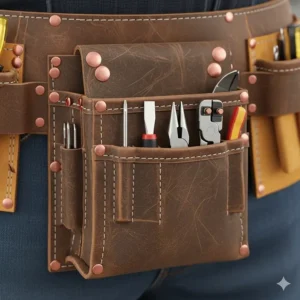 A detailed image of a specific pouch on a leather electrician tool belt, highlighting the reinforced rivets and organized slots for small tools.