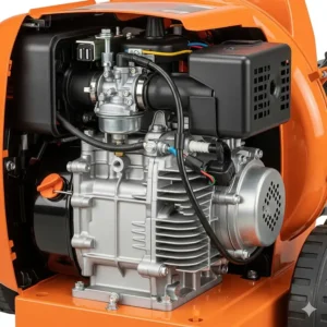 An internal shot of a rolling leaf blower's powerful engine, illustrating the robust motor that provides superior air speed and volume for heavy-duty yard work.