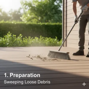 Illustration of sweeping debris from the deck, a key step before applying the best composite deck cleaner solution.