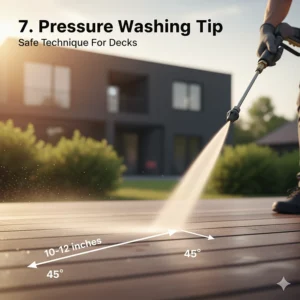 Safe pressure washing technique for composite decks, emphasizing the correct fan nozzle and distance to avoid damage when using a deck cleaner.