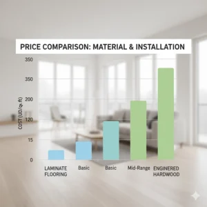 Chart visually comparing the general material and installation costs for laminate flooring vs engineered hardwood over different quality tiers.