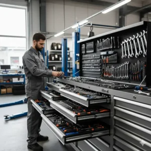 A large professional mechanic's tool box fully equipped with various organizer drawers, showing a complete and functional workshop setup.