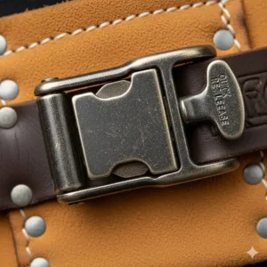 A photograph showing the sturdy, quick-release buckle on a leather tool belt, emphasizing its security and ease of use.