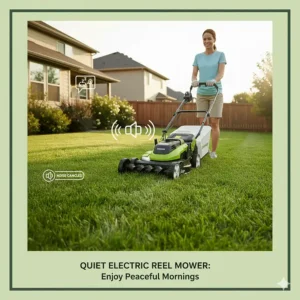 A peaceful scene of a suburban yard being maintained by a quiet electric reel mower, highlighting the low-noise feature compared to gas models.