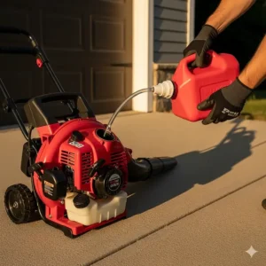A user pouring fuel into a gas push leaf blower, showing the simple process of refueling the machine for extended use.