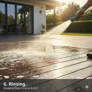 Illustration of thoroughly rinsing the deck surface with a garden hose to remove all residue of the best composite deck cleaner.