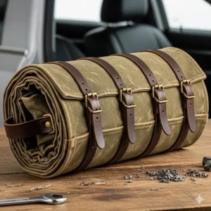 A tightly rolled and buckled roll up tool bag, showcasing its compact, portable size for easy storage and transport in a car or workshop.