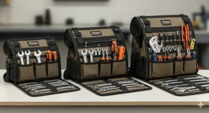 An image showing three different sizes of a roll up tool bag side by side, illustrating the variety of options available for different tool collections.