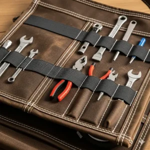 A detail shot of the inside of an unrolled tool bag, focusing on the high-quality stitching and elastic straps that securely hold tools in place.