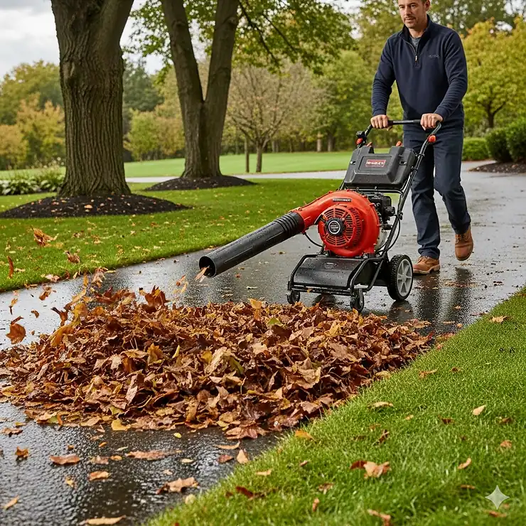 A person using a rolling leaf blower to effortlessly clear a large pile of wet leaves from a paved driveway, showcasing its high performance.