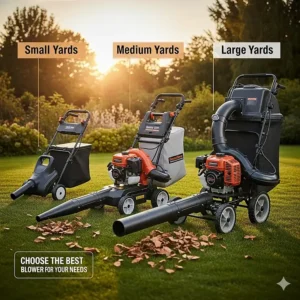 An image showing different models of rolling leaf blowers suited for small, medium, and large yards, helping customers choose the best blower for their specific needs.