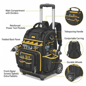 An illustration highlighting the main features of a rolling tool backpack, including multiple compartments, reinforced pockets for power tools, and a padded back for comfortable carrying.