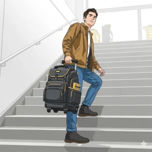 An illustration showing a person easily carrying a rolling tool backpack up a flight of stairs, demonstrating its versatility when rolling isn't an option.