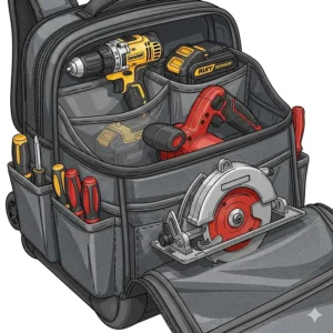 An illustration of the large, reinforced pockets in a rolling tool backpack, specifically designed to securely hold power tools like drills and circular saws.