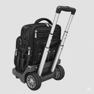 A close-up illustration of the heavy-duty wheels and sturdy telescopic handle on a rolling tool backpack, demonstrating its easy maneuverability on various terrains.