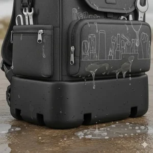 An illustration of the durable, waterproof base of a rolling tool backpack, protecting tools from moisture on wet or dirty surfaces.