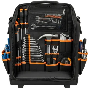 The main compartment of a rolling tool bag, showing organized storage for hand tools.