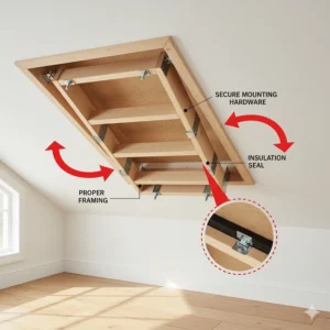 A diagram illustrating the proper and safe installation of an attic ladder, highlighting key safety features.