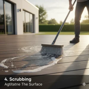 Man gently scrubbing the deck with a soft-bristle brush, an essential step when using the best composite deck cleaner for tough spots.